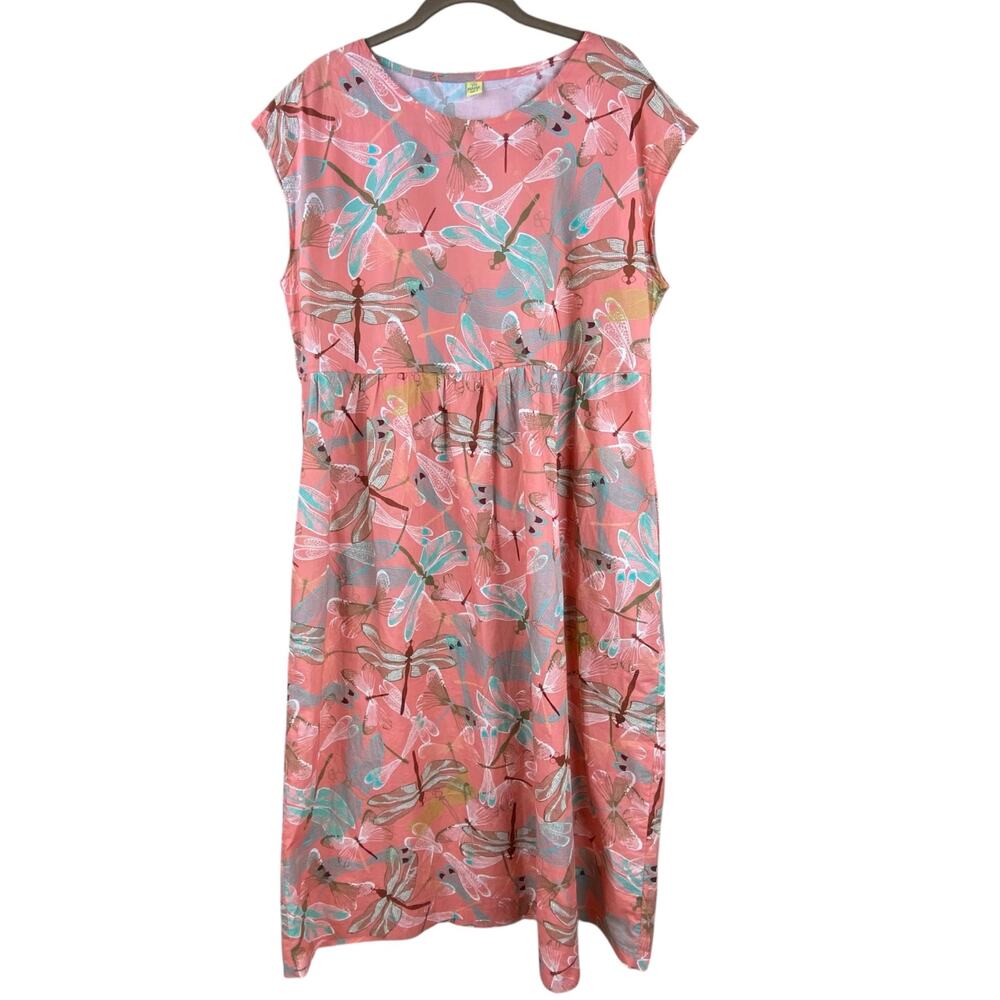 Yo Mama Dragonfly Midi Dress Size L Pockets Cotton Coral Pink